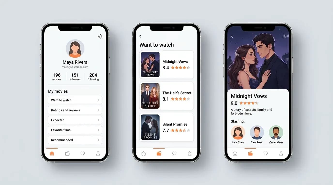 Short drama app screens: a user profile with saved lists, a want-to-watch list, and a series page with rating and cast