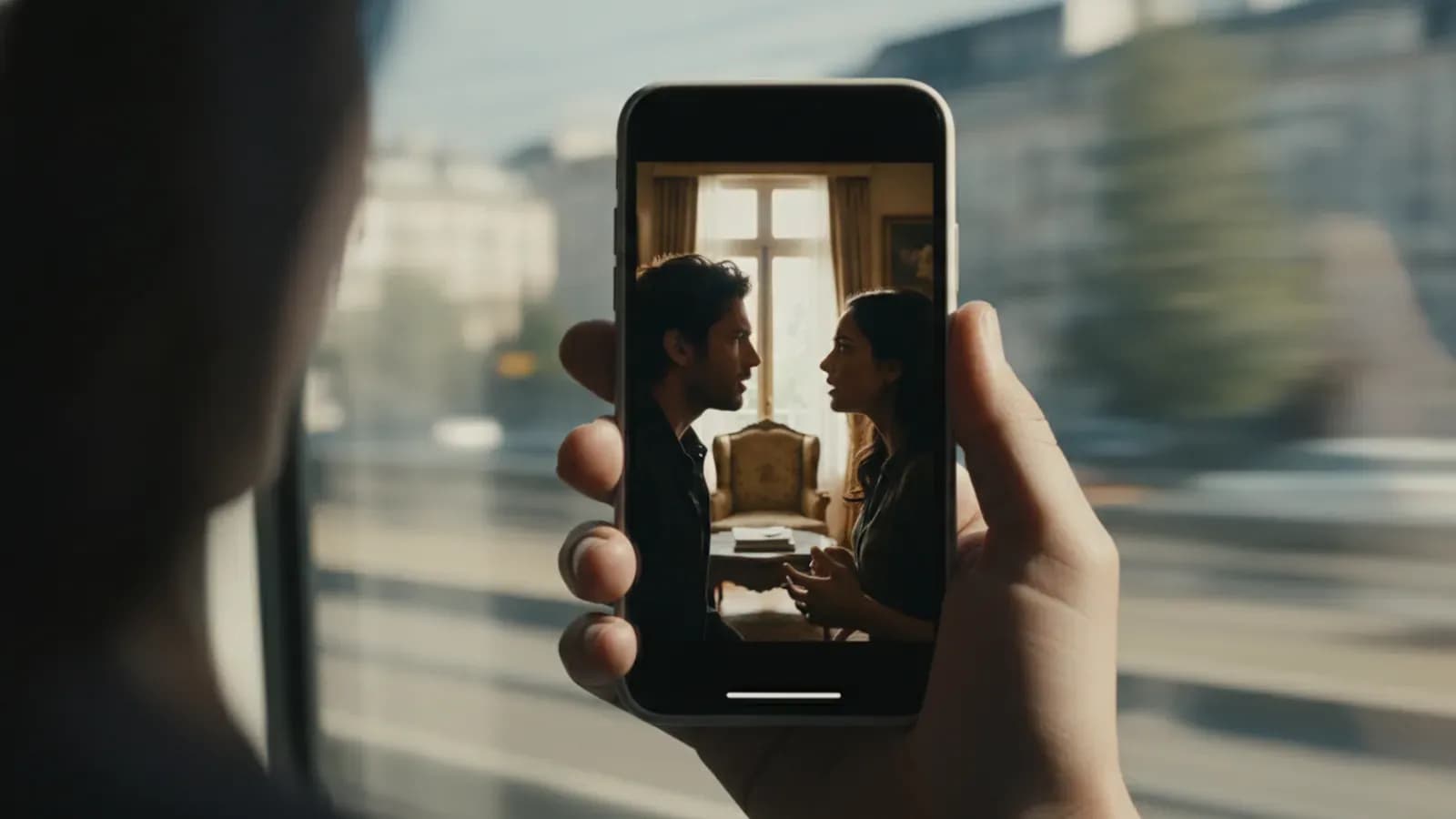 Commuter on a train holding a phone that plays a vertical short drama scene of two actors arguing.