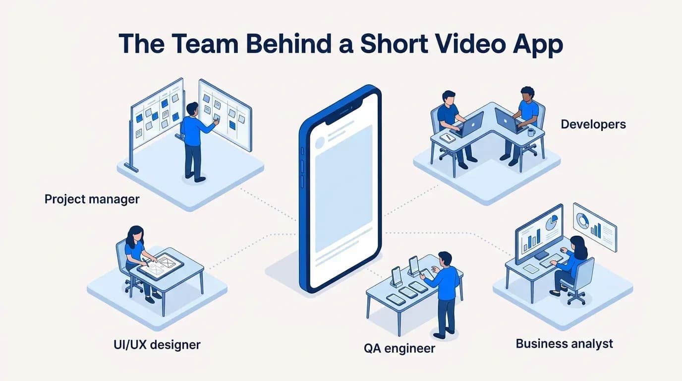 The team behind a short video app: project manager, developers, UI/UX designer, QA engineer and business analyst