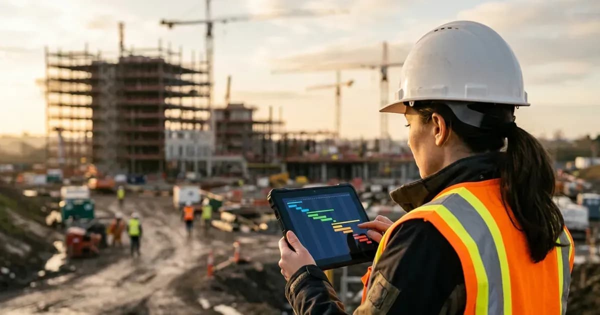 Ein Bauleiter prüft auf einer Baustelle den Projektzeitplan auf einem Tablet