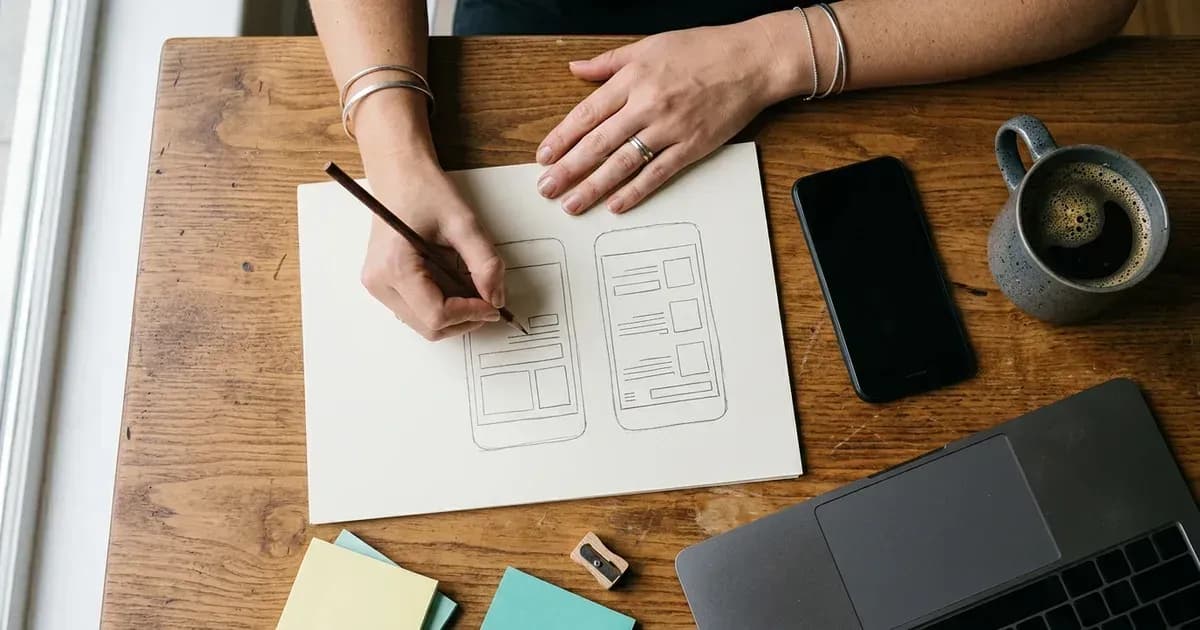A business owner sketching app screen wireframes on paper