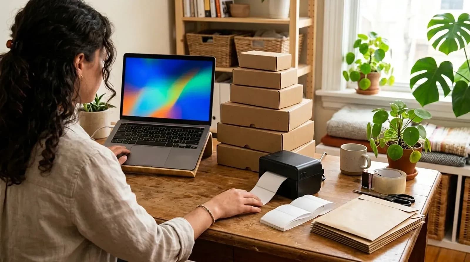 Small business owner printing shipping labels at a home office desk