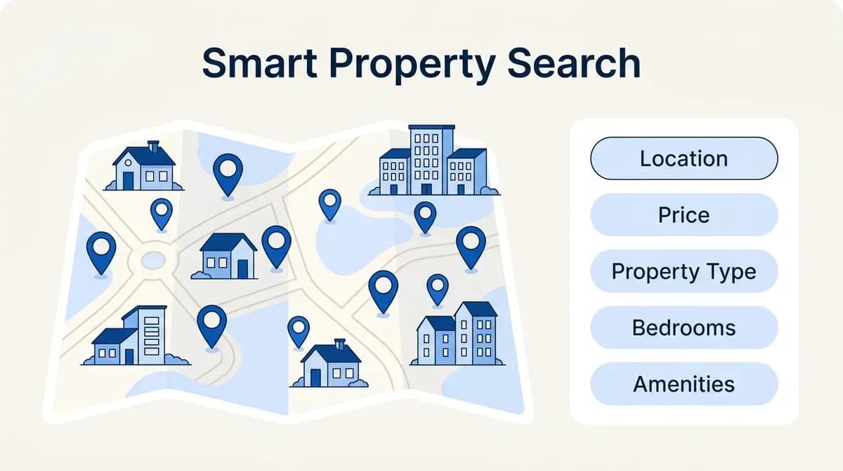 Smart property search: map plus filters for location, price, property type, bedrooms and amenities