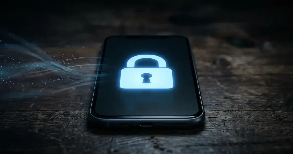 Ein Smartphone auf einem Schreibtisch mit einem leuchtenden Vorhängeschloss auf dem Display
