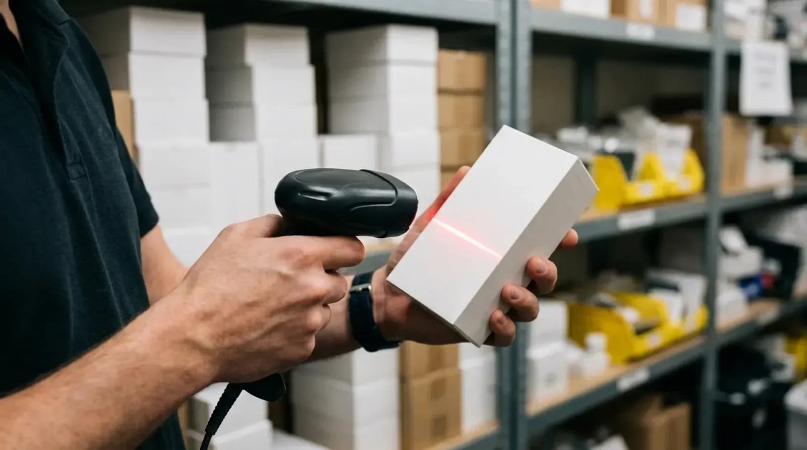 Staff member scanning the barcode on a phone box with a handheld scanner