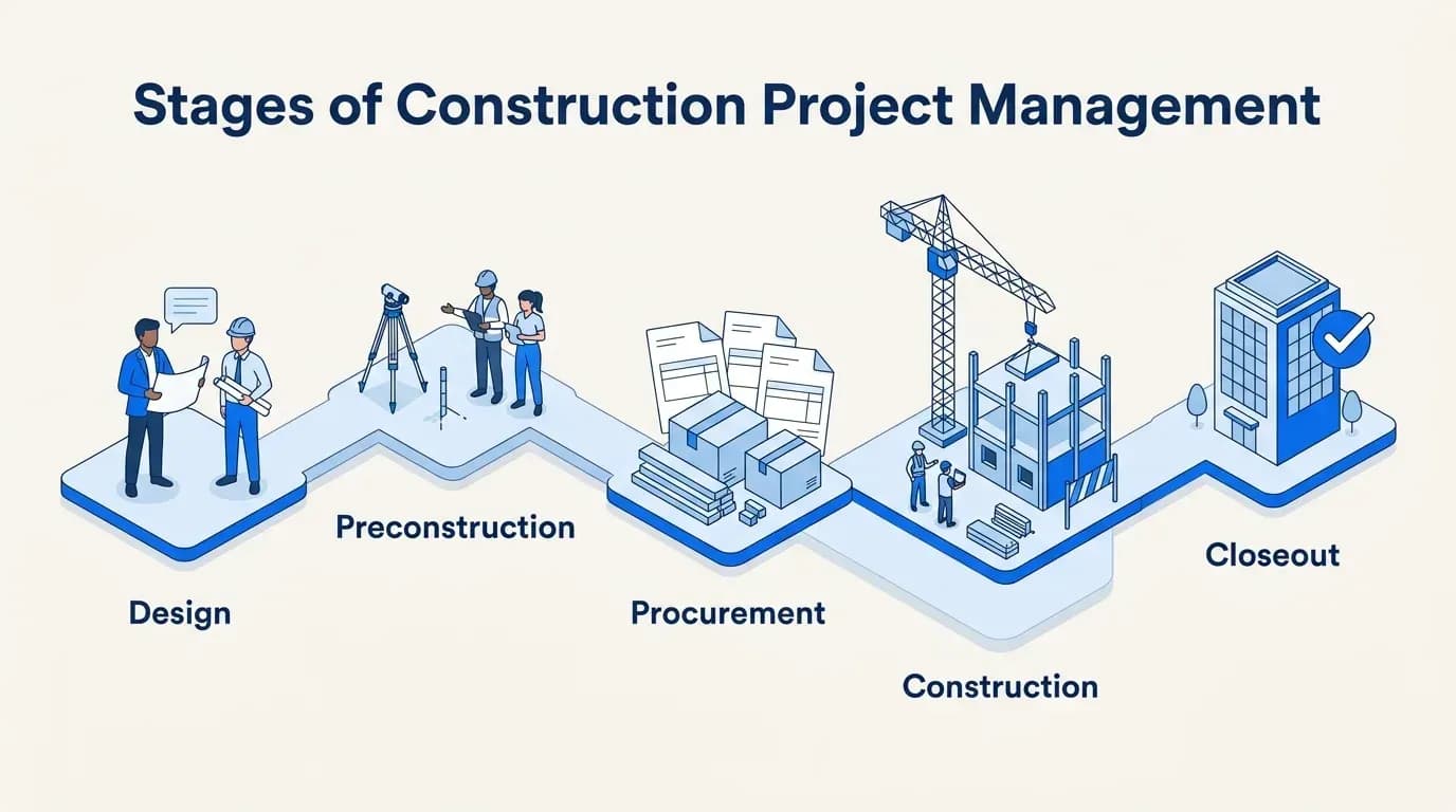 Stages of construction project management: design, preconstruction, procurement, construction and closeout