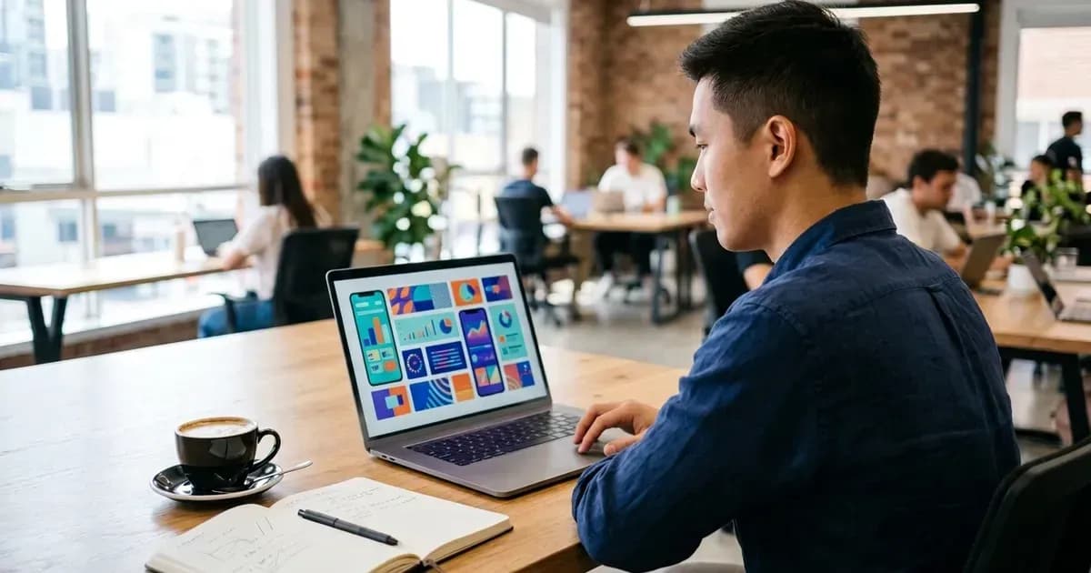 A startup founder at a laptop reviewing an app design