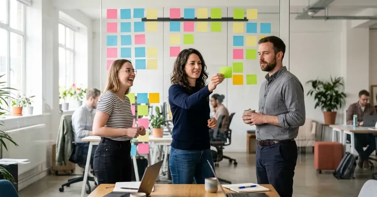Une équipe de startup planifie son travail sur un tableau Kanban de post-it