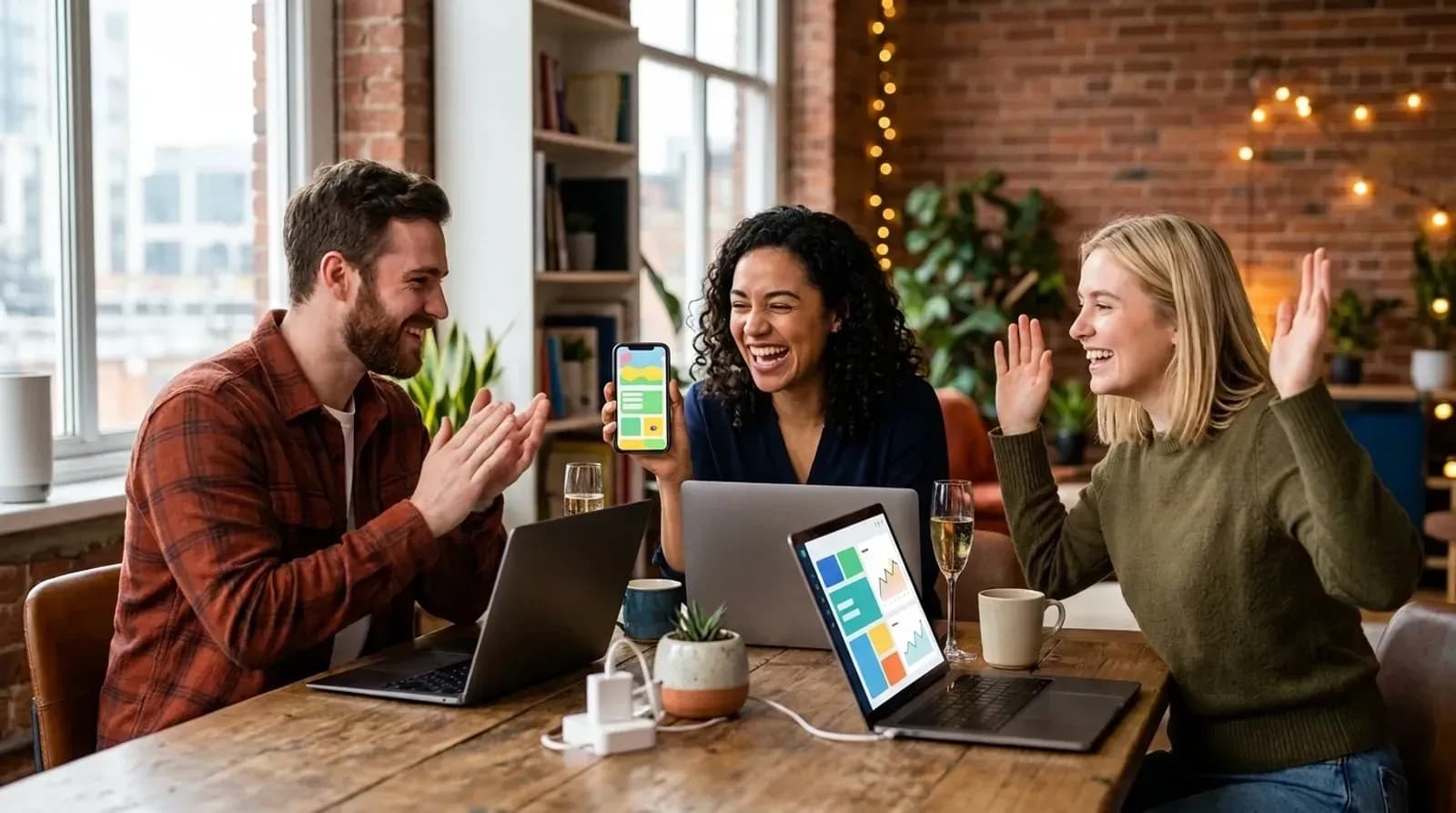 Small startup team celebrating as they launch their app