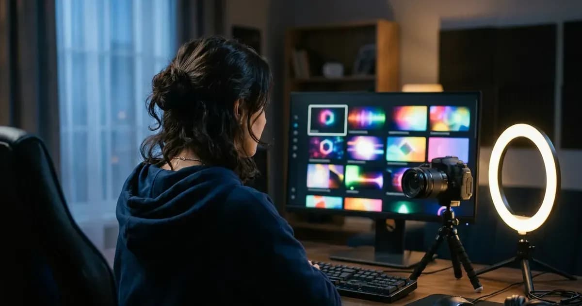 Uma streamer entrando ao vivo em sua mesa com câmera, ring light e monitor