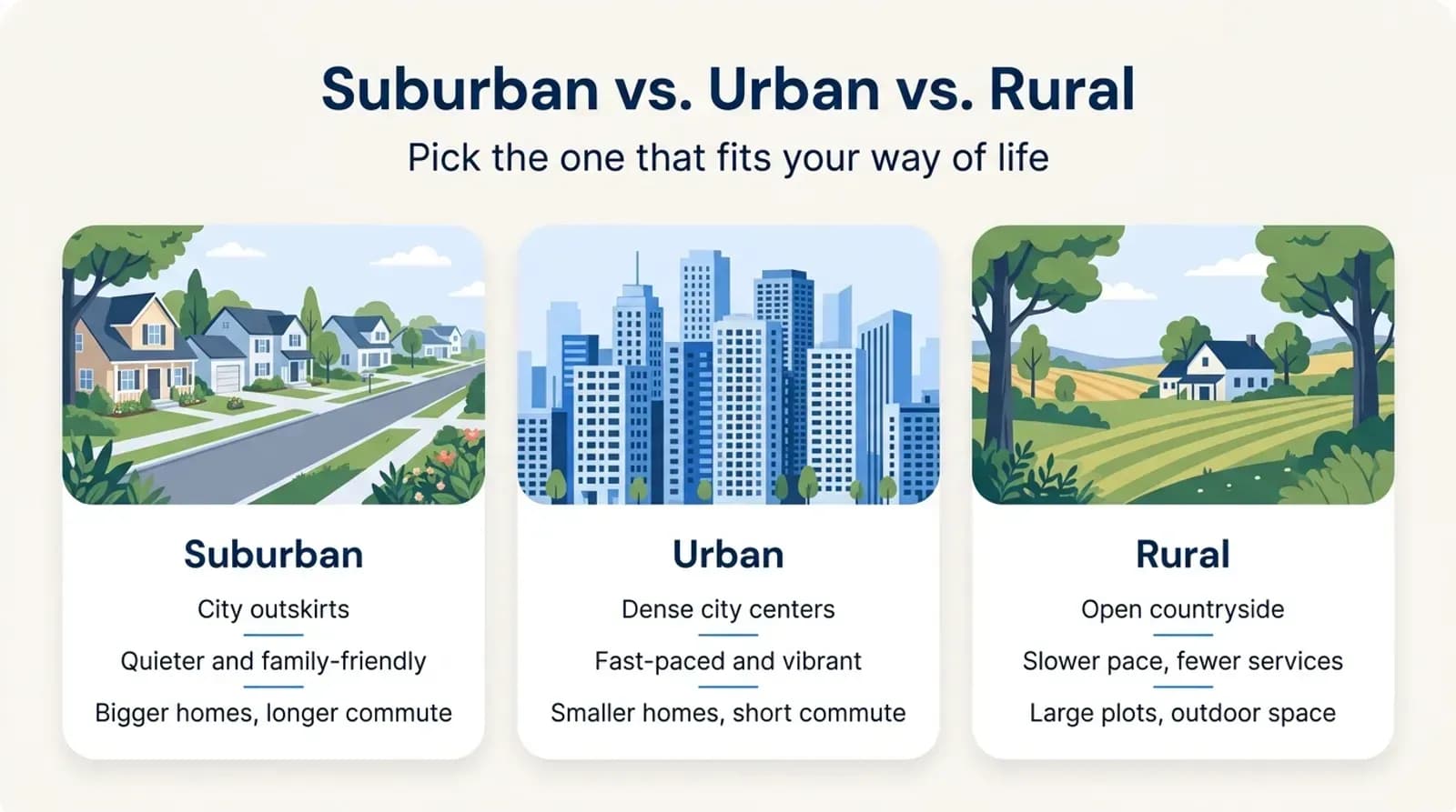 Suburban vs urban vs rural rentals: city outskirts with bigger homes, dense city centers with short commutes, open countryside with large plots