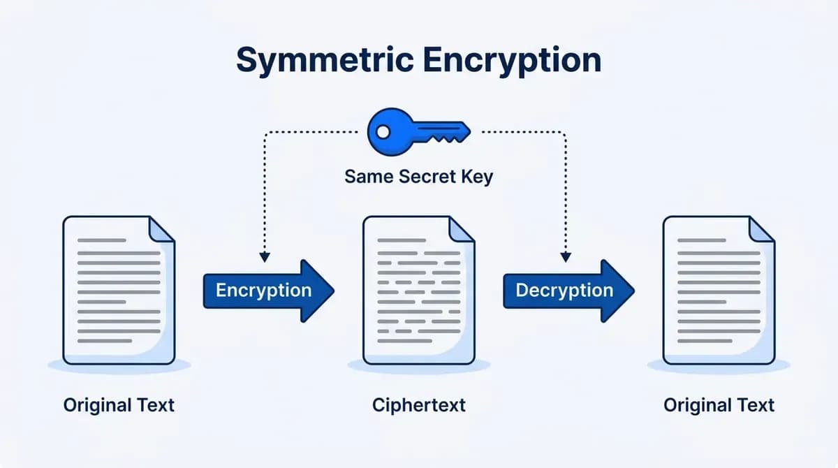 Symmetric encryption: the same secret key encrypts the original text into ciphertext and decrypts it back