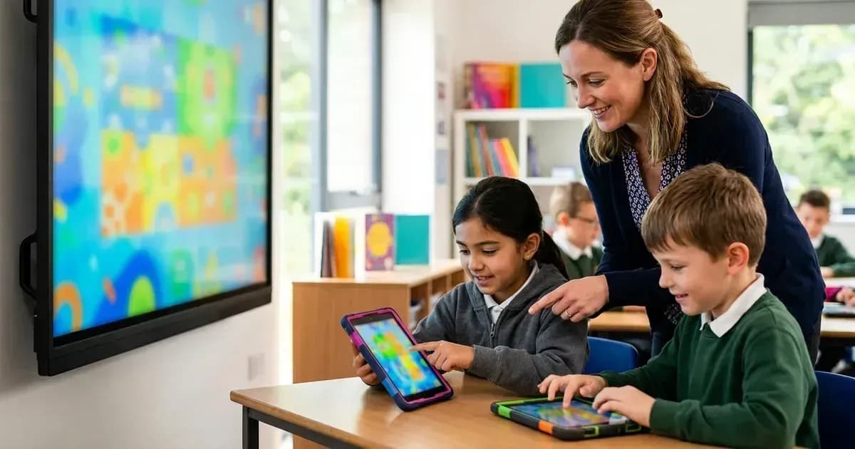 Lehrkraft und Schüler nutzen Tablets und ein interaktives Display im Unterricht