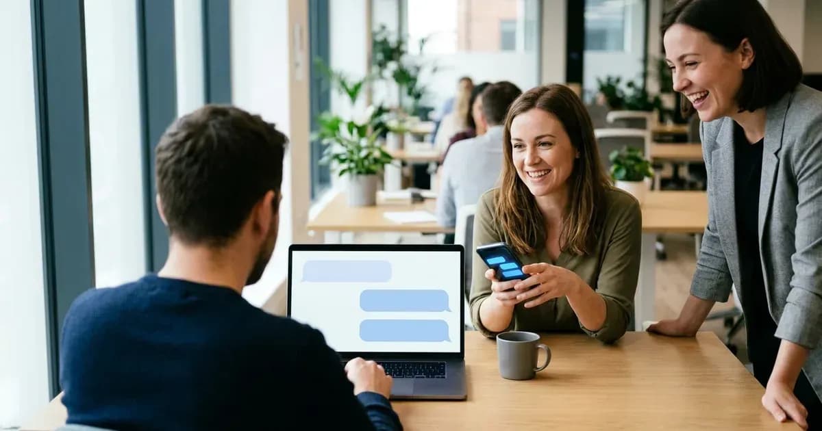 Colleagues chatting around a laptop in a bright office