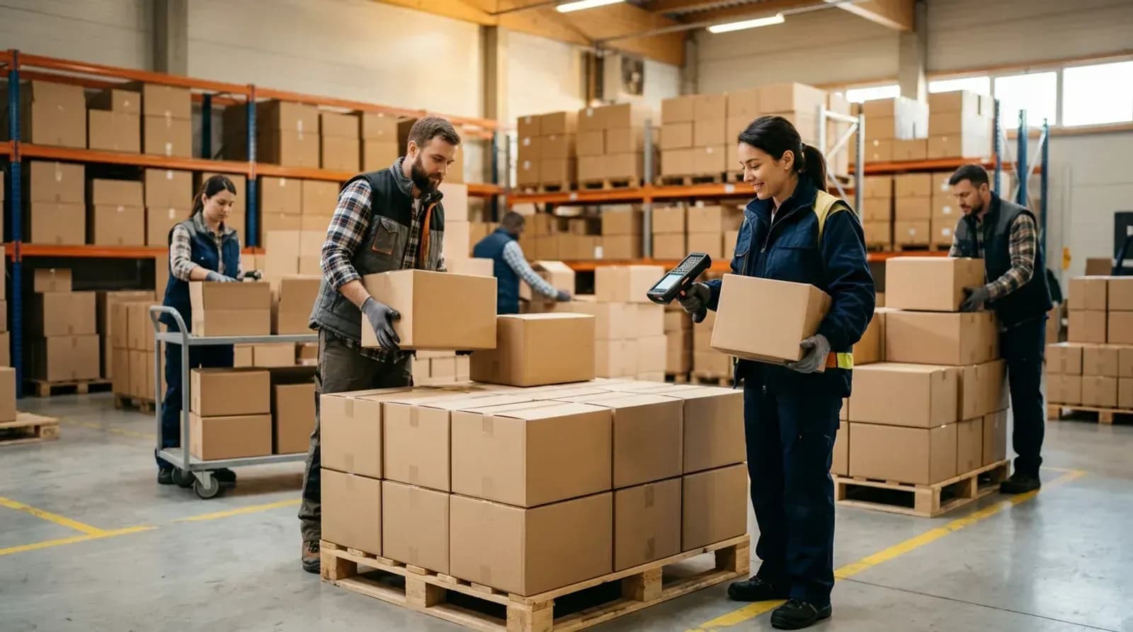 Warehouse team packing a bulk B2B order onto a pallet