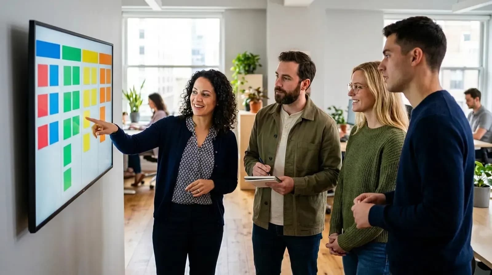 A small team planning work together on a task board
