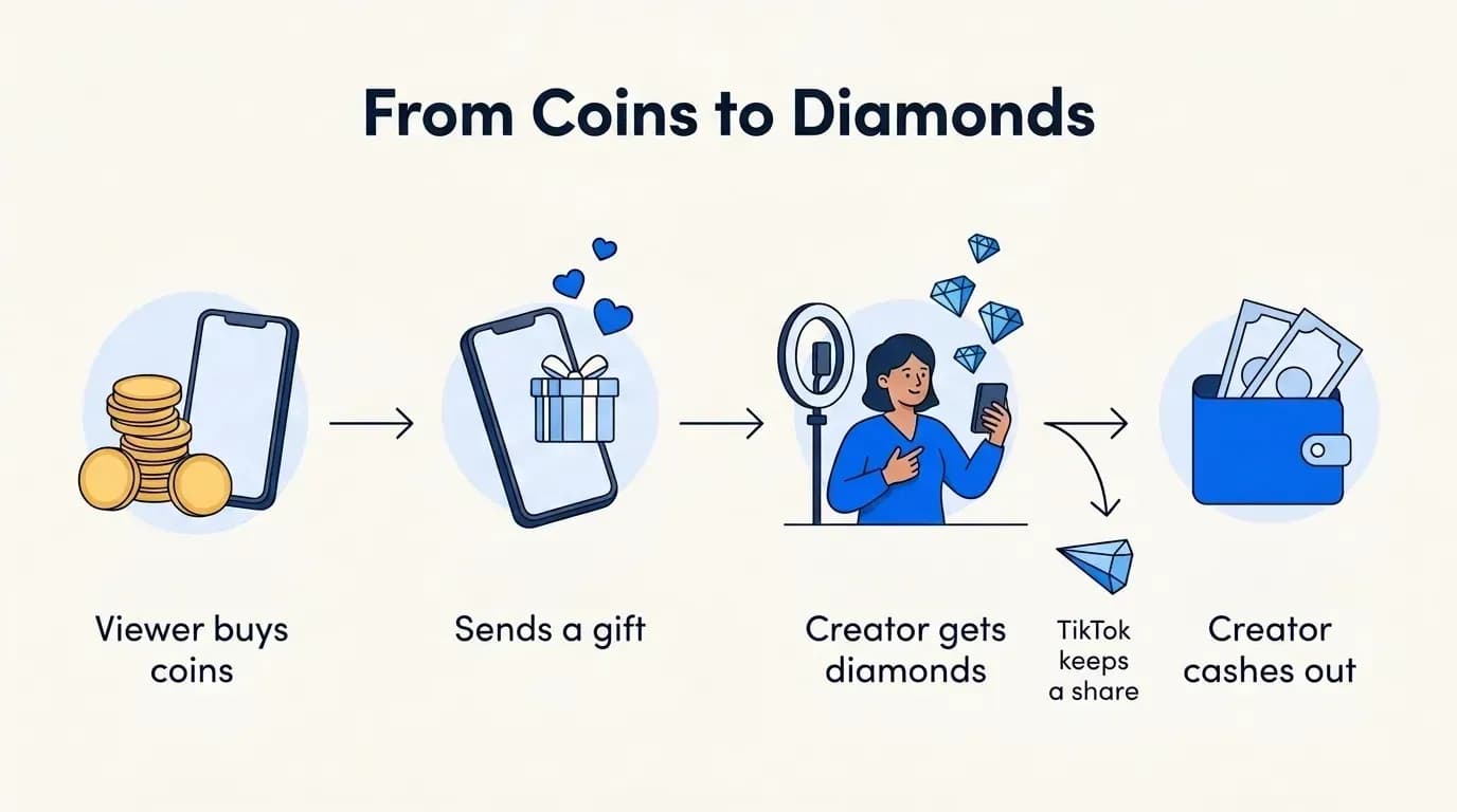 From coins to diamonds: a viewer buys coins, sends a gift, the creator gets diamonds and cashes out, and TikTok keeps a share