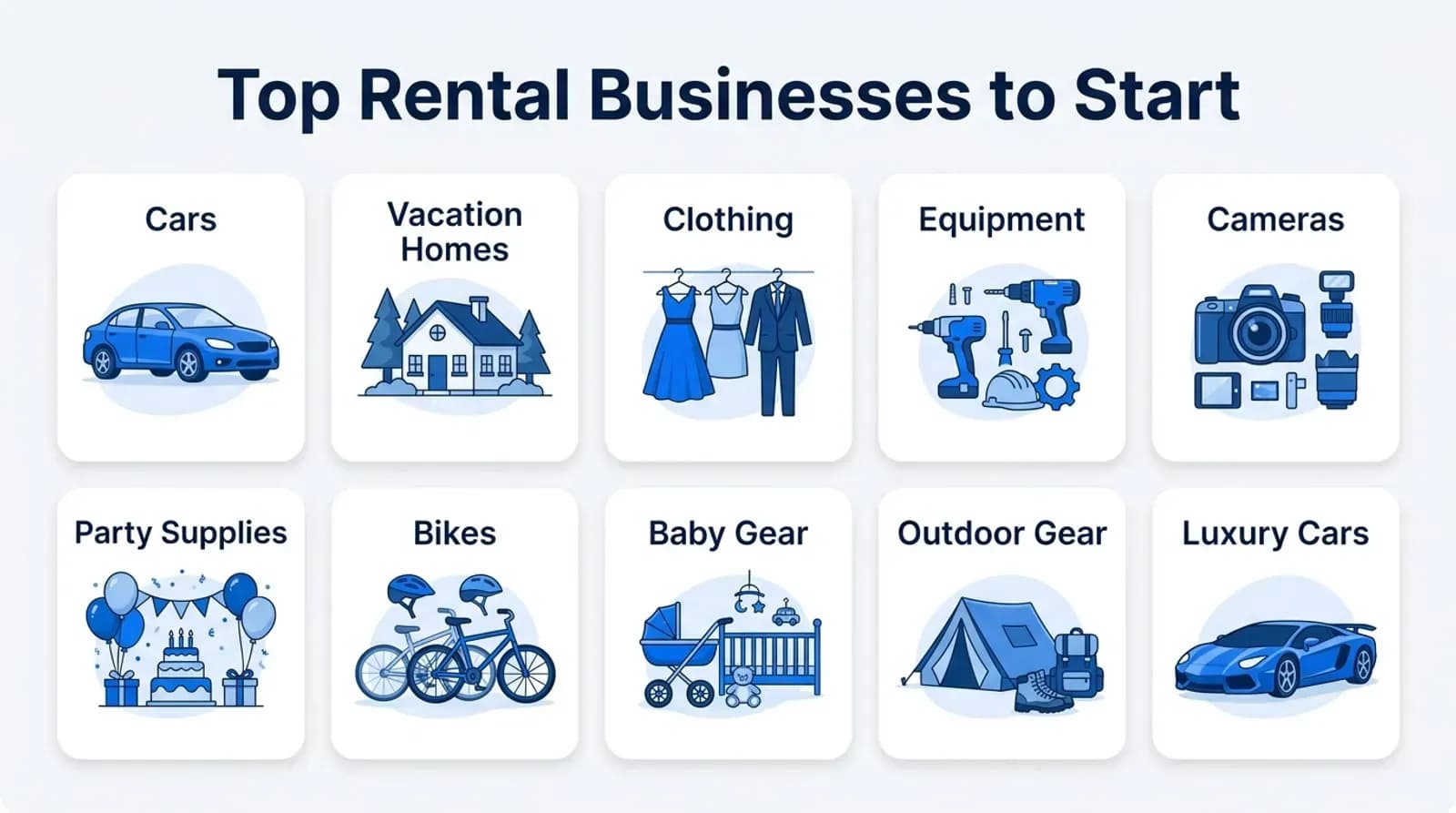 Top rental businesses to start: cars, vacation homes, clothing, equipment, cameras, party supplies, bikes, baby gear, outdoor gear, luxury cars