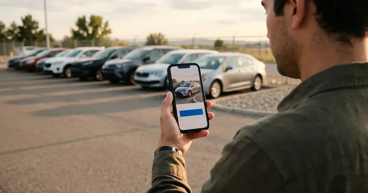 Traveler holding a smartphone with a car booking open at a rental car lot