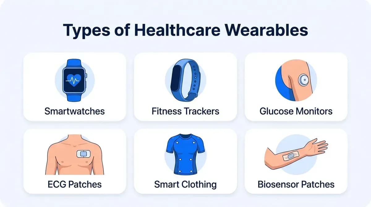 Types of healthcare wearables: smartwatches, fitness trackers, glucose monitors, ECG patches, smart clothing and biosensor patches