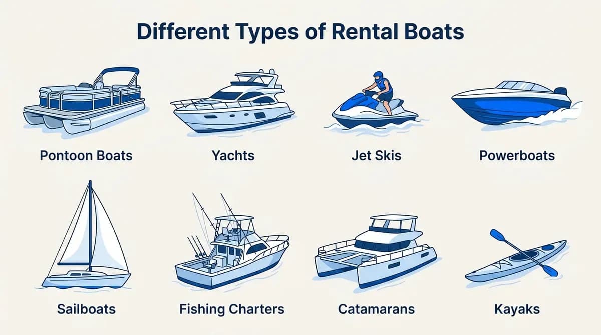 Types of rental boats: pontoon boats, yachts, jet skis, powerboats, sailboats, fishing charters, catamarans and kayaks