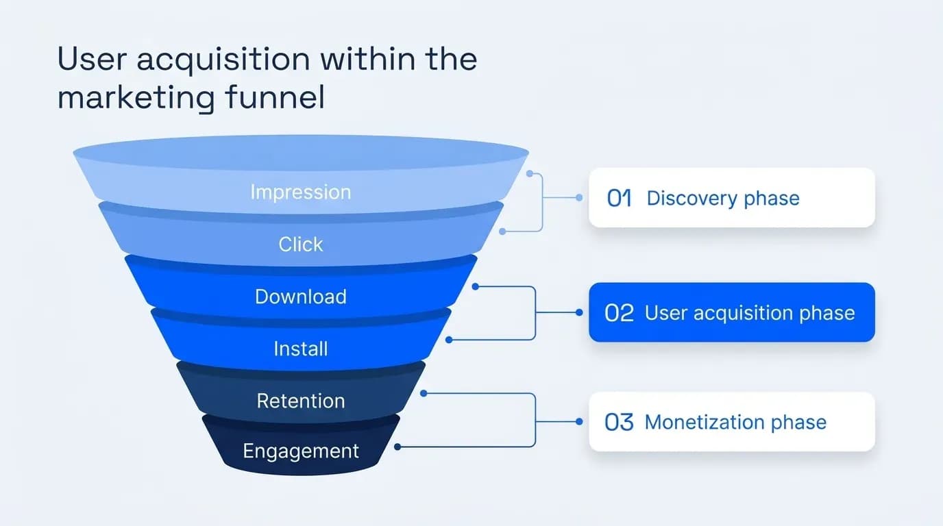 User acquisition within the marketing funnel: impression, click, download, install, retention and engagement across the discovery, user acquisition and monetization phases