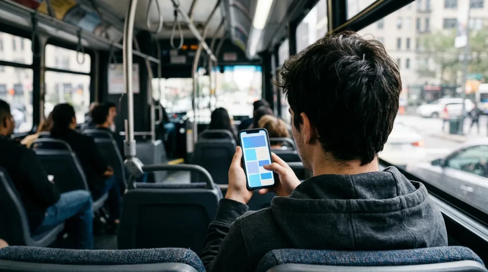 Commuter using a smooth, fast app on his smartphone on a city bus