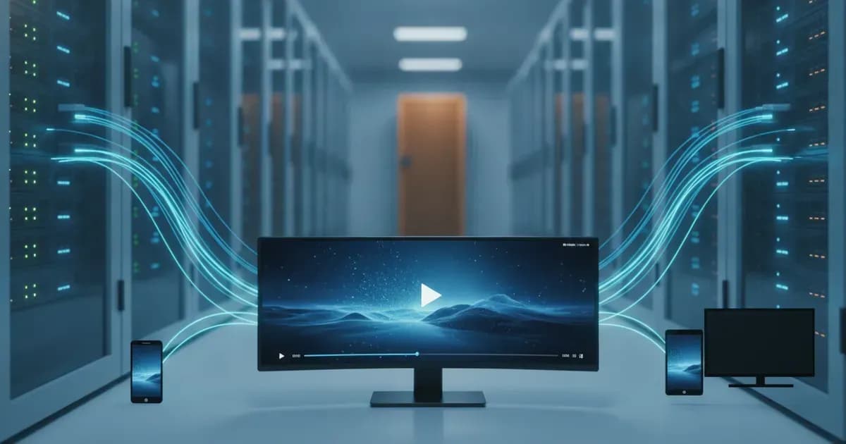 Server racks in a data centre streaming video to a monitor, phones, a tablet and a TV