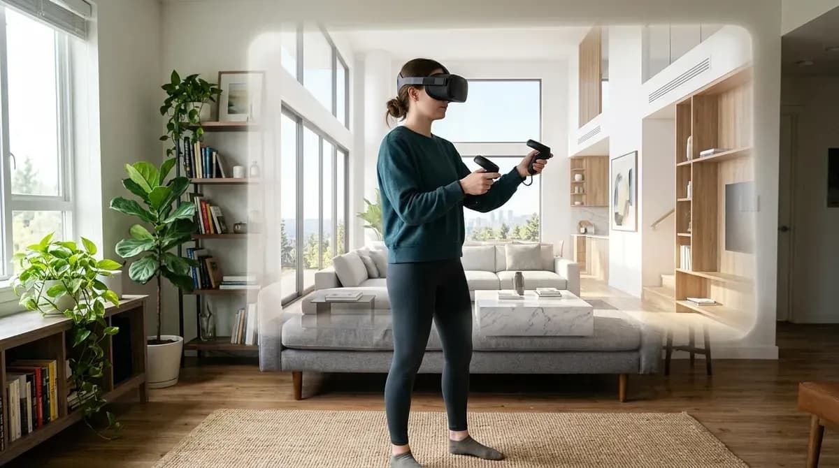 A person taking a virtual 3D home tour with a VR headset