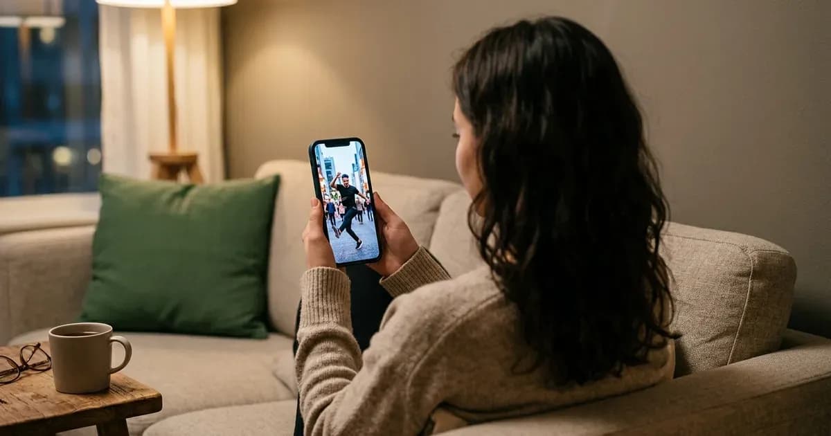 Woman watching a vertical short video on her phone at home