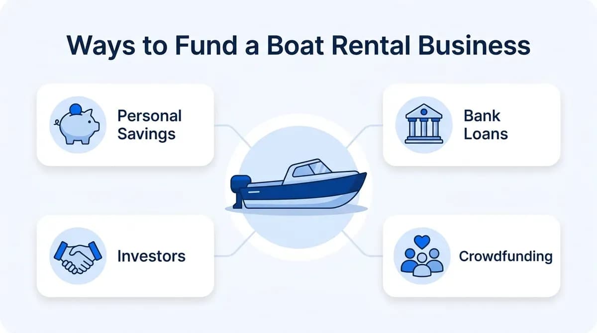 Ways to fund a boat rental business: personal savings, bank loans, investors and crowdfunding