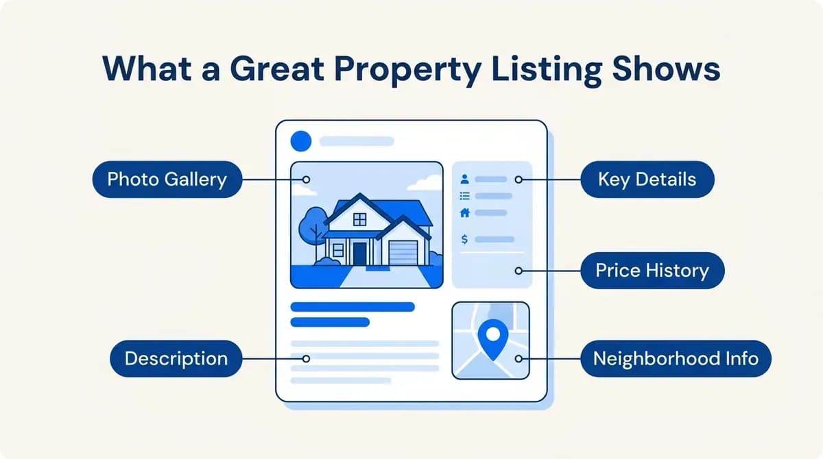 What a great property listing shows: photo gallery, key details, description, price history and neighborhood info