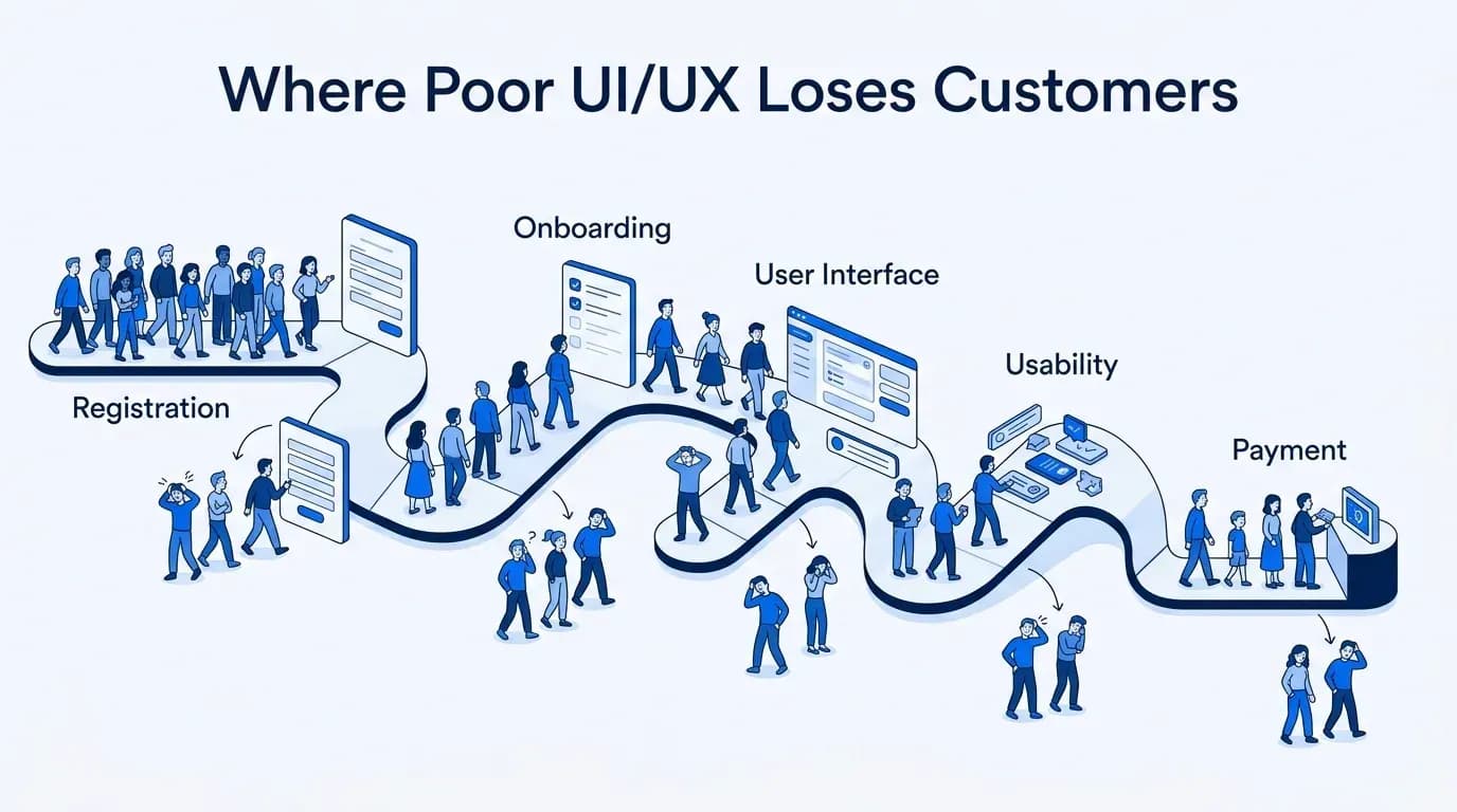 Where poor UI/UX loses customers: registration, onboarding, user interface, usability and payment