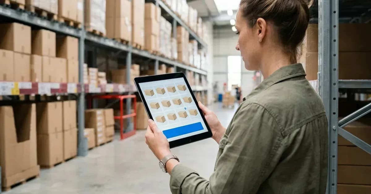 Großhandelseinkäufer gibt in einem Lager eine Sammelbestellung auf einem Tablet auf