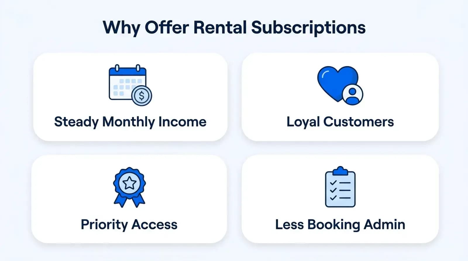 Why offer rental subscriptions: steady monthly income, loyal customers, priority access and less booking admin