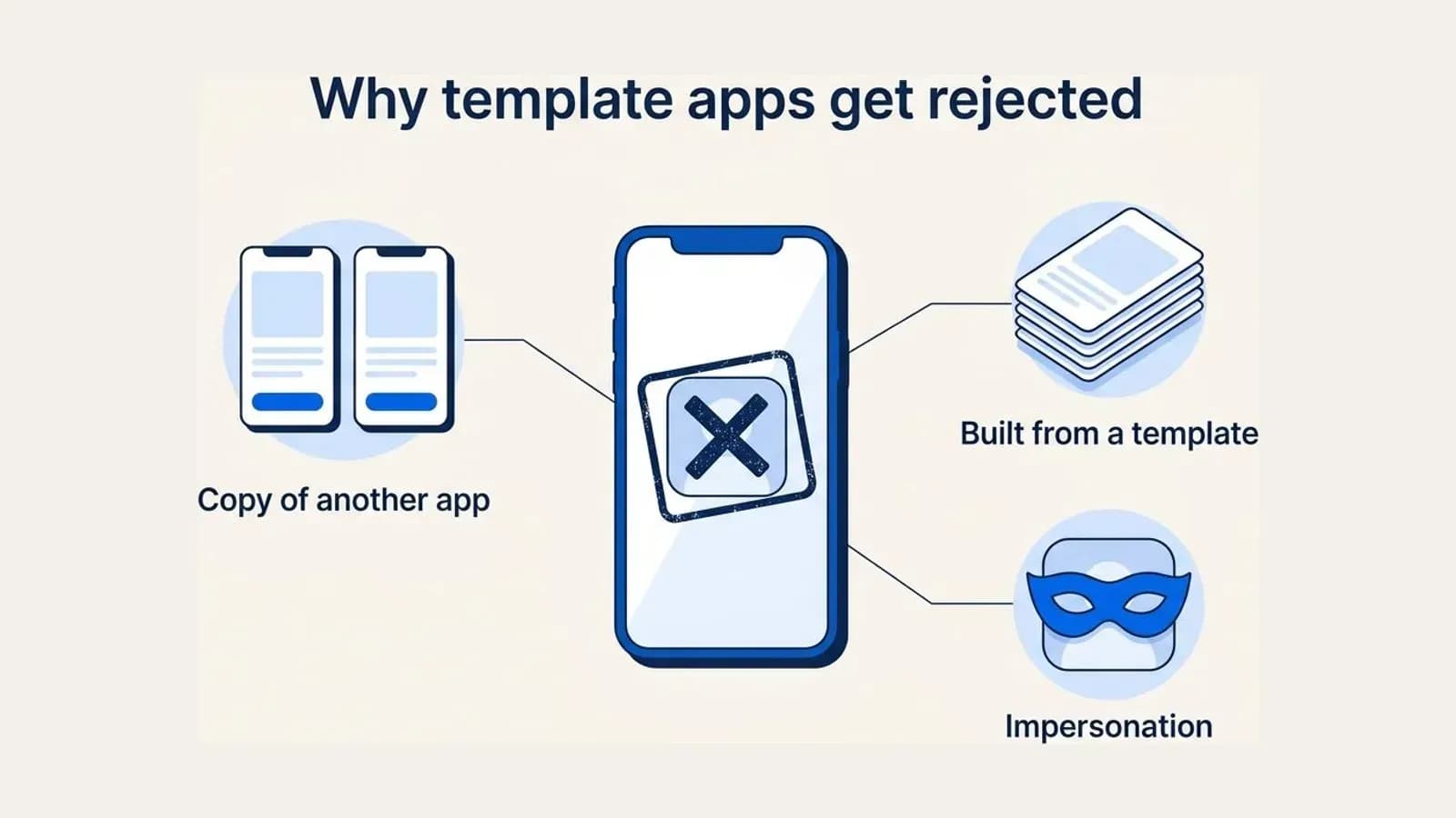 Why template apps get rejected: a copy of another app, built from a template, or impersonation