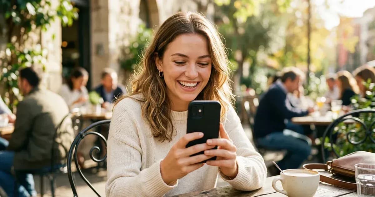 Mulher sorrindo para o celular em um café após um match em um app de namoro