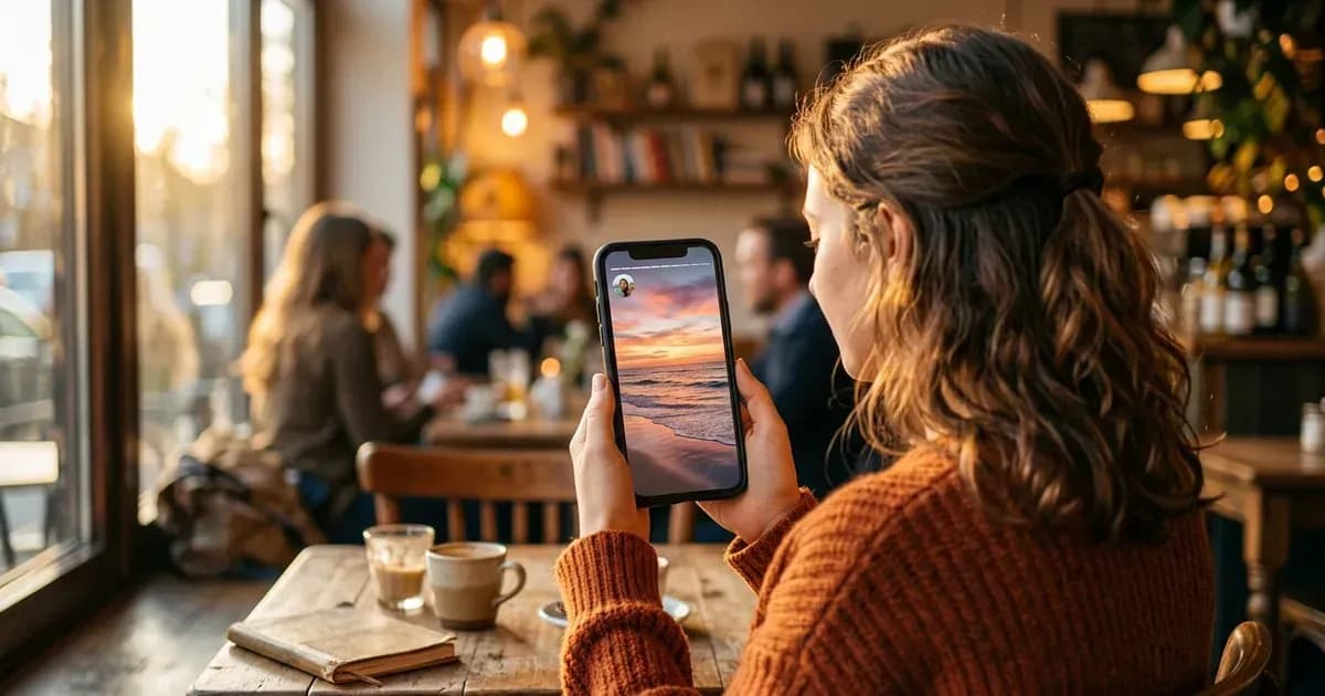 Woman viewing a photo story on her phone in a cafe