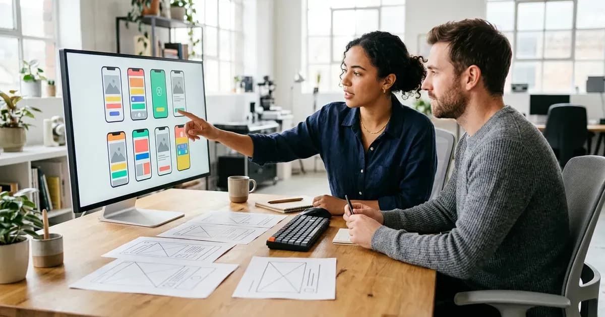 Un fundador de startup revisa diseños de pantallas de una app con un diseñador UI